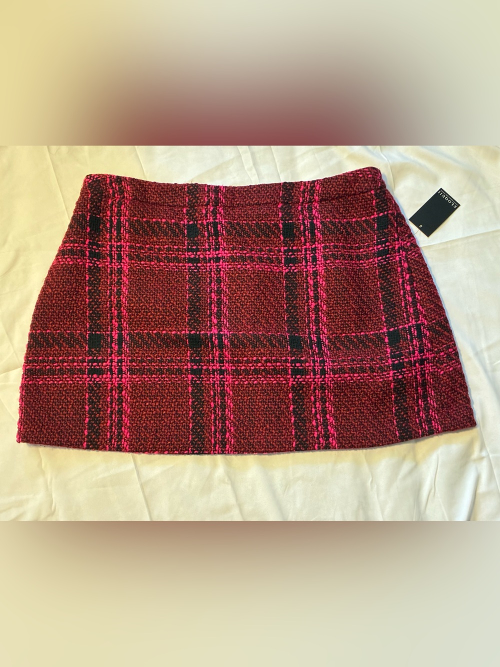 Eloquii Burgundy and Hot Pink Plaid Tweed Mini Skirt